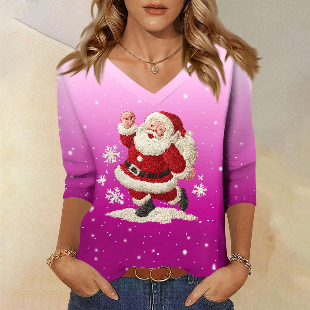 3/4 Sleeve Shirts For Women Print Christmas Tees Blouses Casual Plus Size Basic Tops Pullover