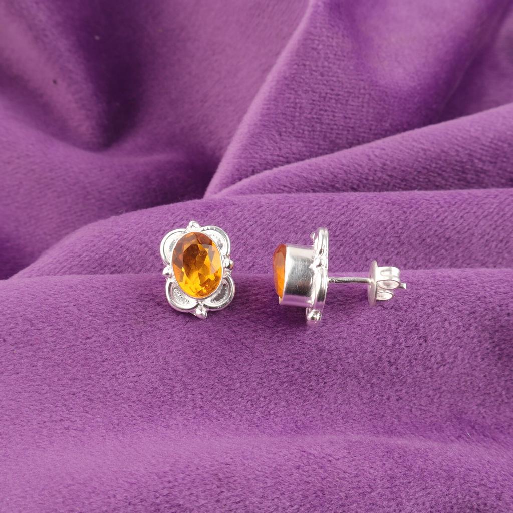 Oval Natural Citrine November Birth Stud Post Boho Earrings 925 Sterling Silver EE-149-12