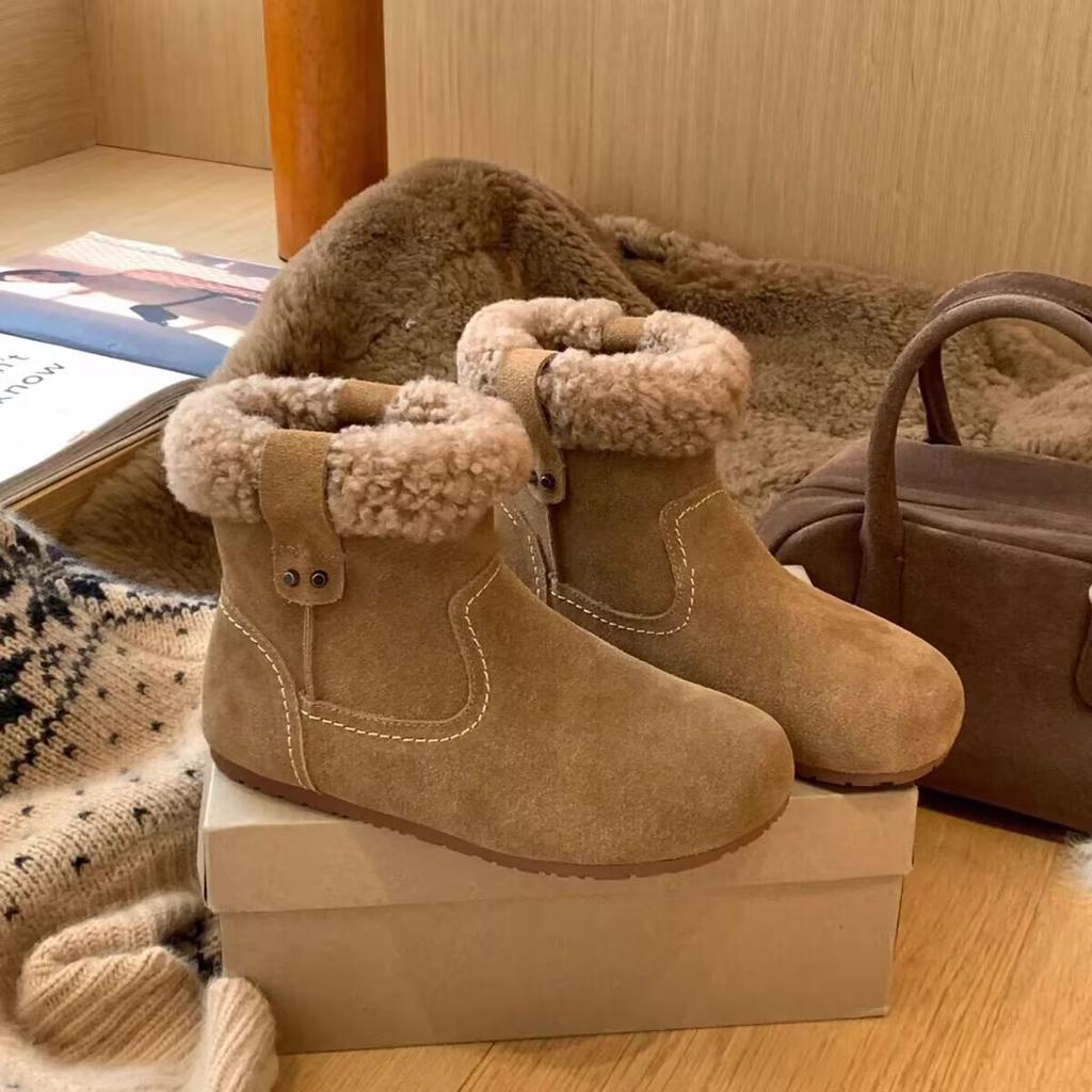 [Fan Jieya] Retro Short Boots Women's 2025 Winter New Lamb Wool Flat-bottomed Casual Versatile Warm Snow Boots