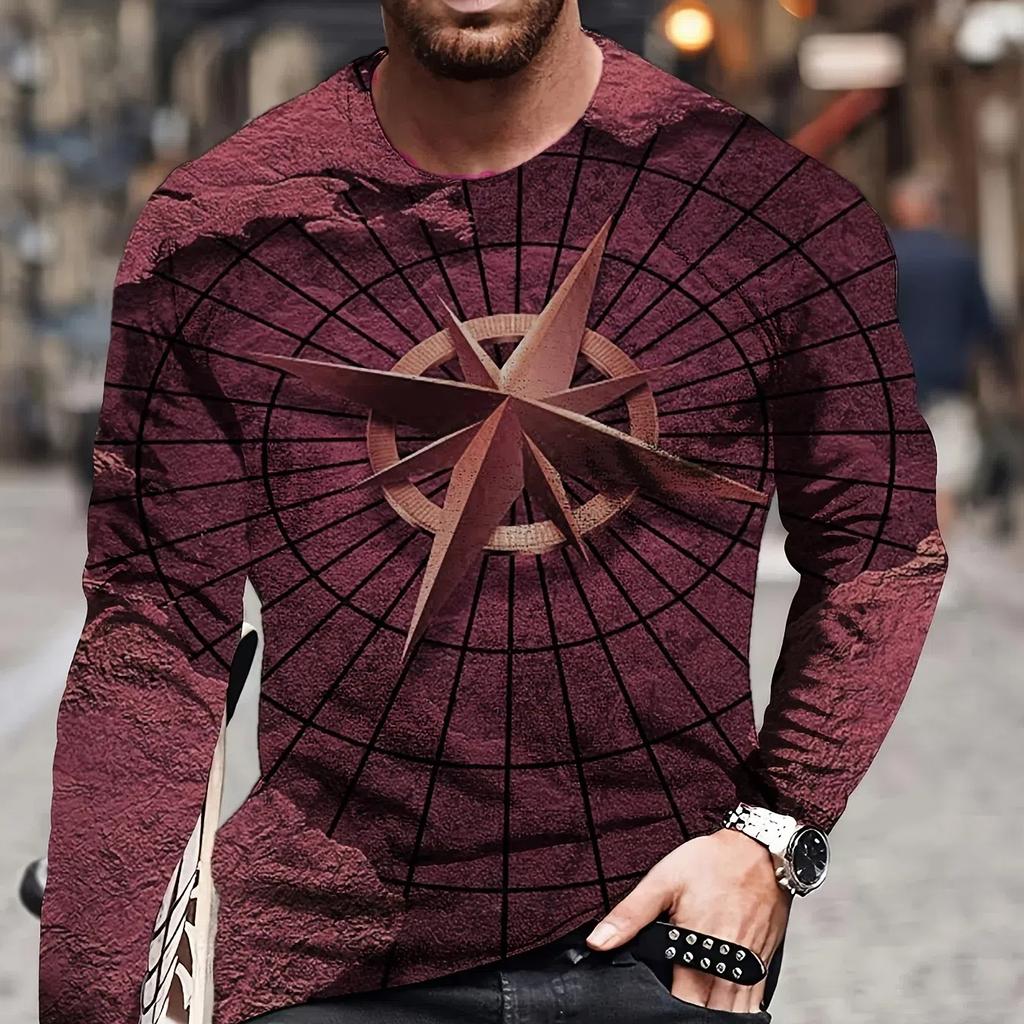 Compression Shirt Vintage Men's O-Neck Long Sleeved T-Shirt Nautical Print Tops Fitness Sunscreen Quick Dry Breathable T Shirts