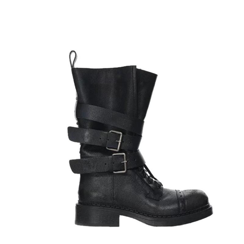 Vintage leather Martin boots women's new medium tube thin boots belt buckle locomotive boots cowhide thick sole thick heel