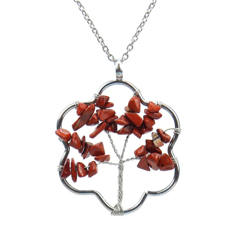 Silver Wire-Wrapped Flower Tree of Life Crystal Pendant Necklace N72