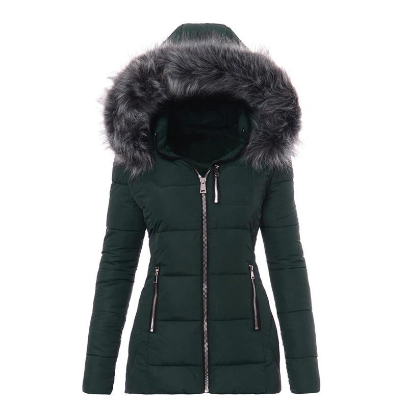 Damen Kapuzen Daunenmantel Kunstpelzkragen Reißverschluss Slim Fit Gepolsterte Jacke Winddicht Warm Winter Mittellang Oberbekleidung