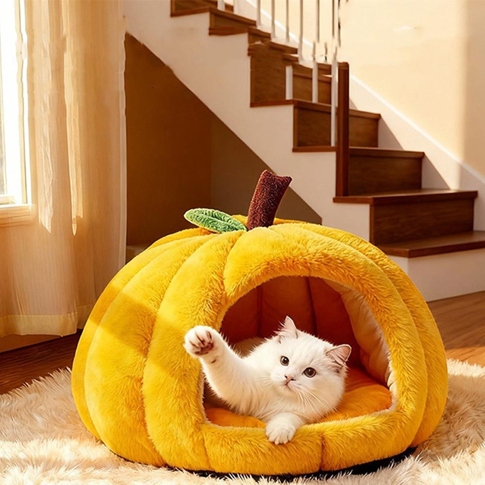 

Plush Pumpkin Cat House Semi-enclosed Warm Thickened Cat Sleeping Bed Comfortable Non-slip Pet Cat Bed For Cats Dogs S жовтий