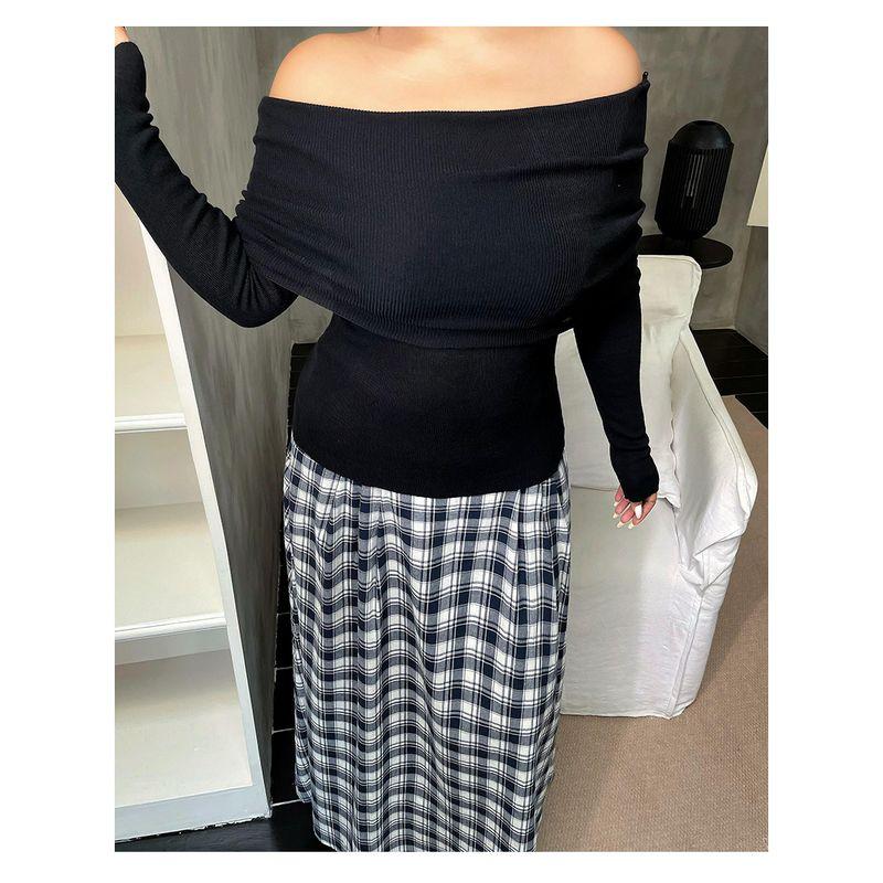 

Brother Nan Chubby Gyaru Sexy off-Shoulder Sweater Women Plus size Stretch Slim fit Slimming Versatile Base Knit Black XL(Nange size)