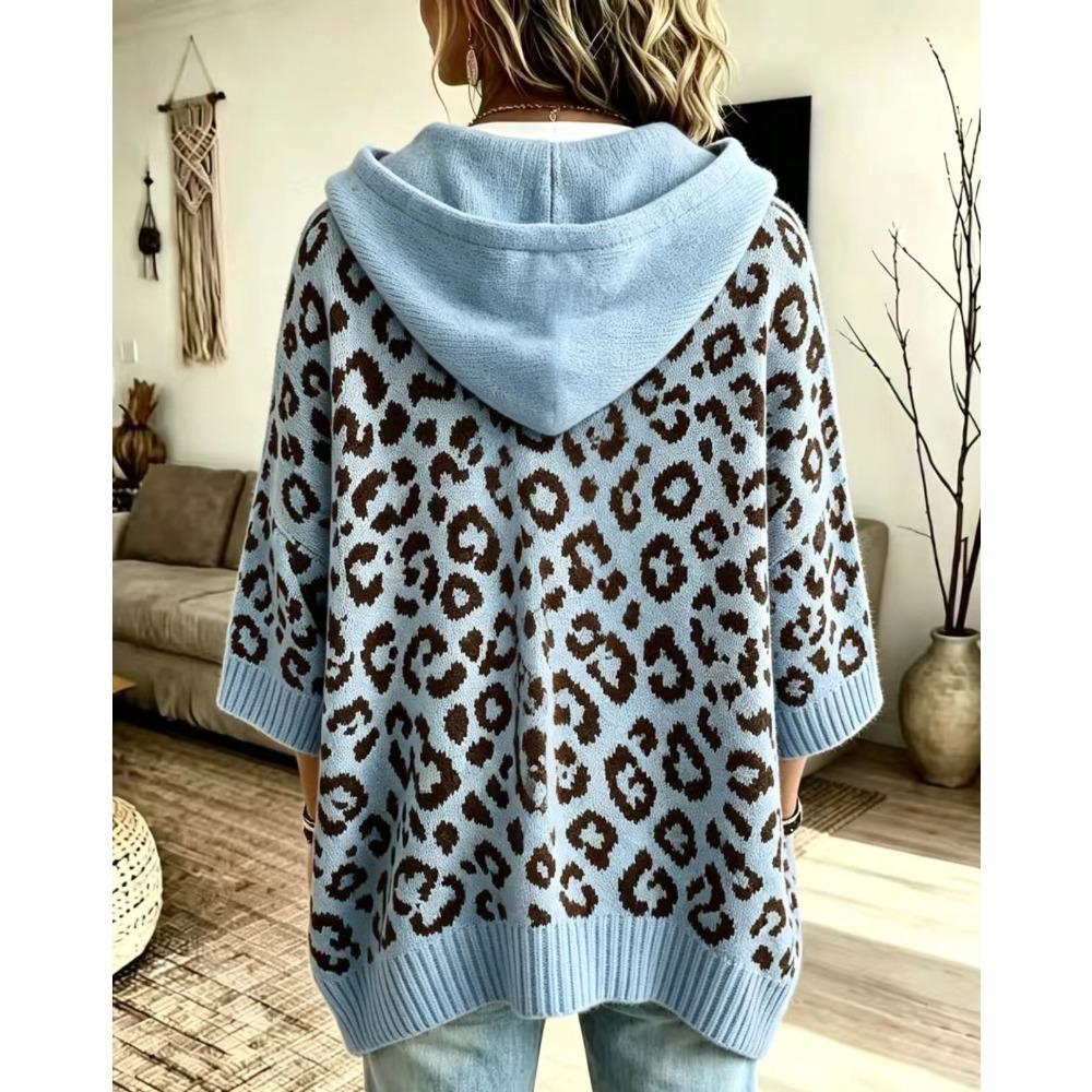 Leopard Print Hooded Sweater Women Drawstring Knit Pullover Hoodie Loose Knitted Outerwear Casual Oversized Sweatshirt Top