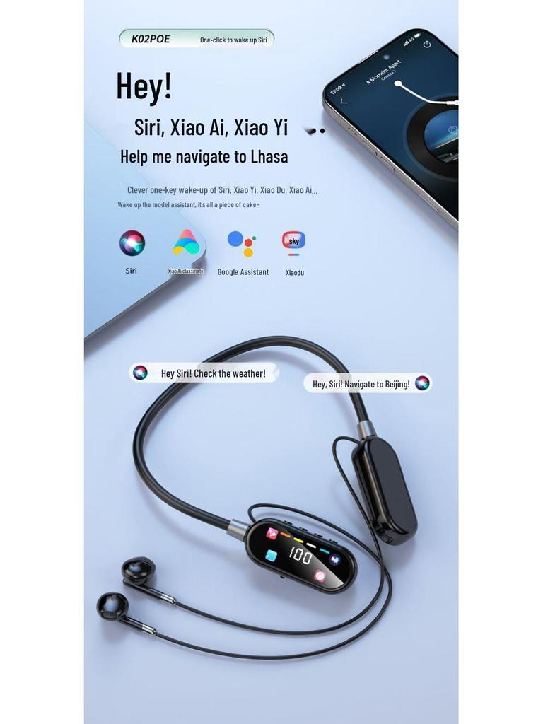 K02 Bluetooth Neckband Headset: Multifunctional, Noise Cancelling, Long Battery Life, High Sound Quality, Universal Fit for Sports and Mobile.