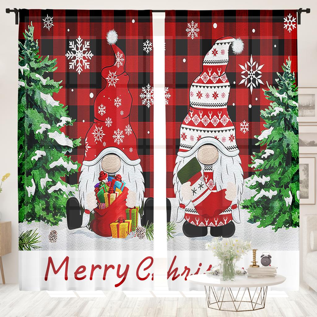 2 Pieces, Christmas Gnome Snowflake Grid Curtains -30% Blackout - Suitable for Living Room, Bedroom, Kitchen, Home Decoration