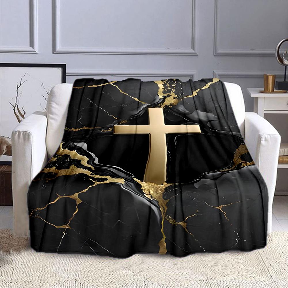 Golden Cross on Black Marble Design Patterned flannel blanket perfect for the bedroom living room, sofa, or a little nap