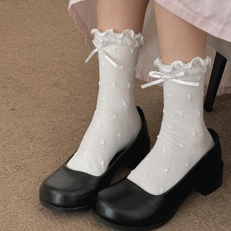 Cute Black Ear-trimmed Mid-calf Socks, Spring and Summer Bow Polka Dot Cotton Socks, Sweat-absorbing and Breathable Boneless Socks for Women