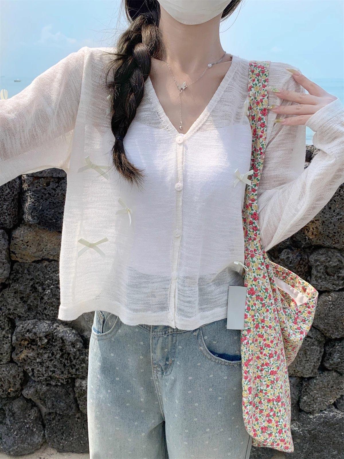 

Кардиган женский вязаный из ледяного шелка с бантом для защиты от солнца: Легкая куртка на весну-осень One Size [Recommended for up to 125 lbs]