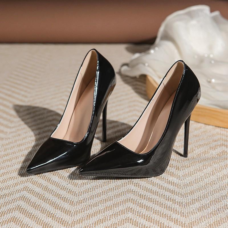 Couro Patentado Boca Fina Rasa Brilhante Salto Único Feminino Simples Bico Apontado Moda Sexy Slip-on Salto Alto