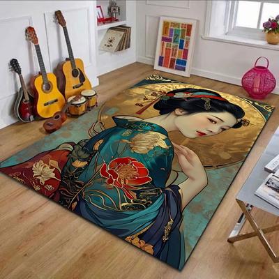 Elegant Geisha with Floral Kimono Patterned Carpet, Non Slip Mat Suitable for Living Room and Bedroom Sofas