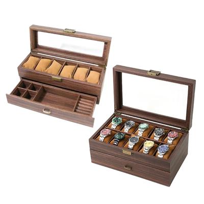 Luxurious Espresso Watch Storage Holder Stylish 6/20 Slot Watch Case Organizers for Men with Double Layers and Glass Top