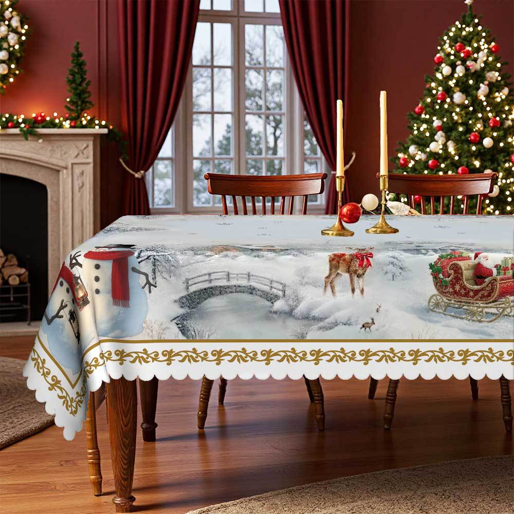 Christmas Round Tablecloth Cartoon Snow Reindeer Snowman Print, Dining Table Coffee Table Cover, Warm Winter Holiday Arrangement