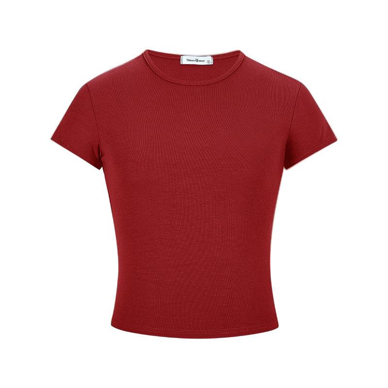 Korean Pink Slim-fit Short-sleeved T-shirt Women's Summer New Front Shoulder Crew Neck Thin Chic Bottoming Shirt