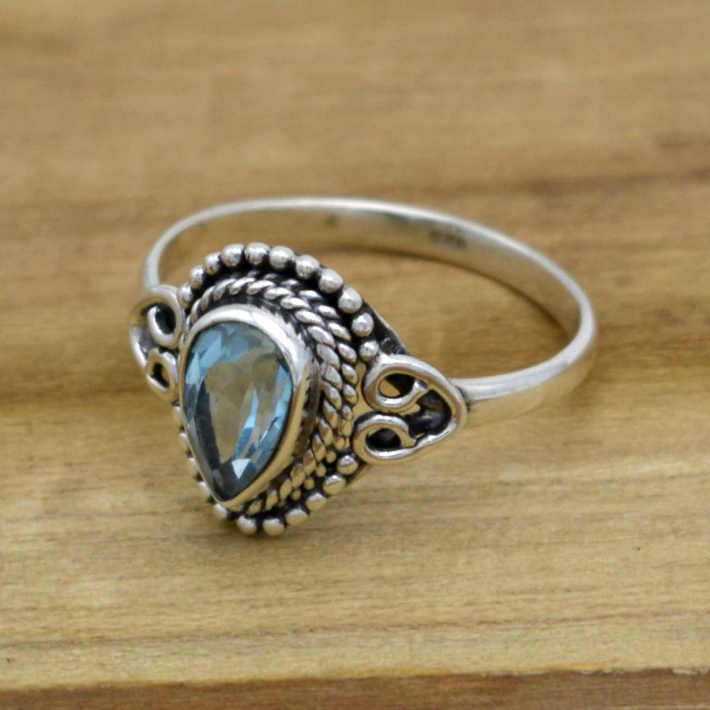 Blue Topaz  925 Sterling Silver  Ring, Pear Gemstone Handamde Women Ring Jewelry