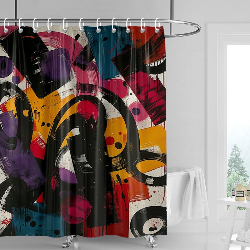 Graffiti Art Shower Curtain-Neon Splash Waterproof Bathroom Decoration with Handwritten Edge, Modern Bathtub Shower Curtain