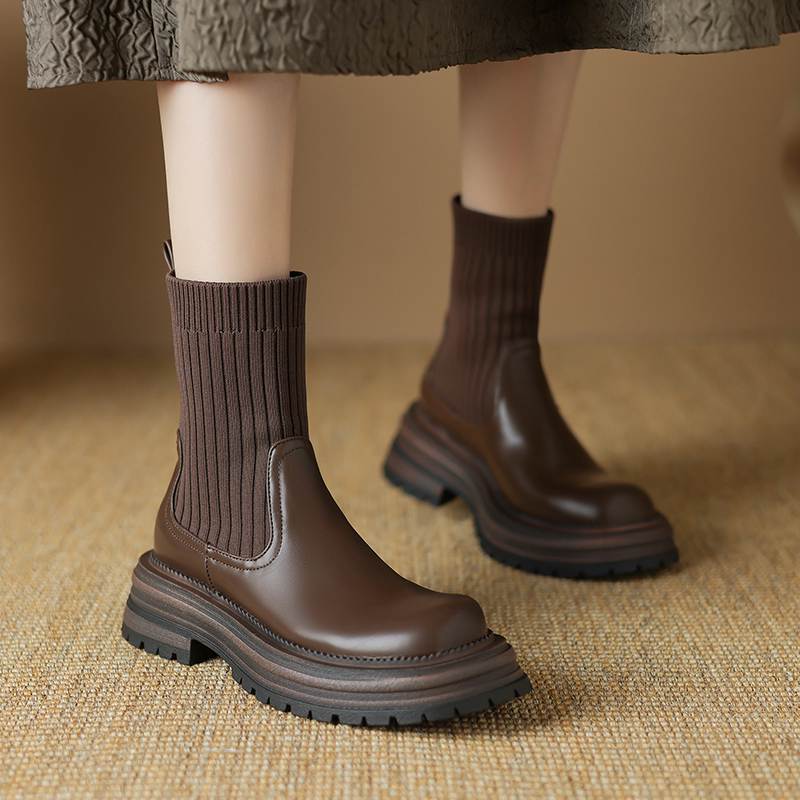 Krazing Pot Microfiber Autumn Winter Shoes Thick High Heels Flat Platform Size 43 Motorcycle Boots Knitwear Non-slip Ankle Boots