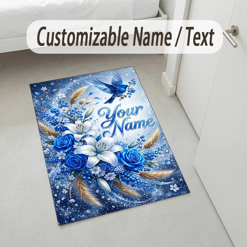 Floral Garden Theme Crystal Velvet Rug Personalized Custom Name Text Soft Floor Mat Home Decor