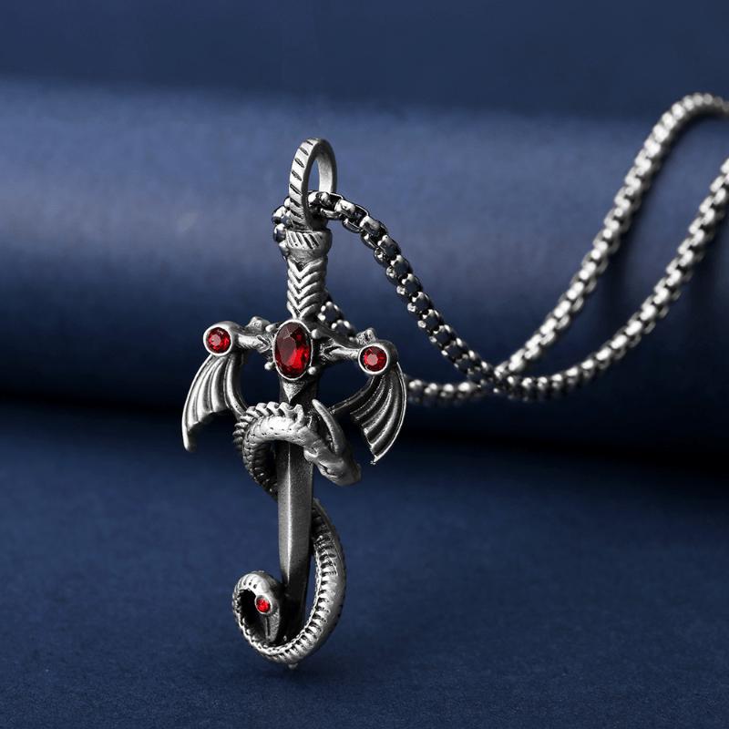 Vintage Men s High Quality Ruby Sword and Dragon Pendant Necklace Punk Men s Party Necklace Best Jewelry Gift серебряный