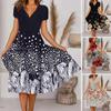 V-Neck Short Sleeve Large Hem Midi Dress Colorful Flower Printing Ladies Casual Dress