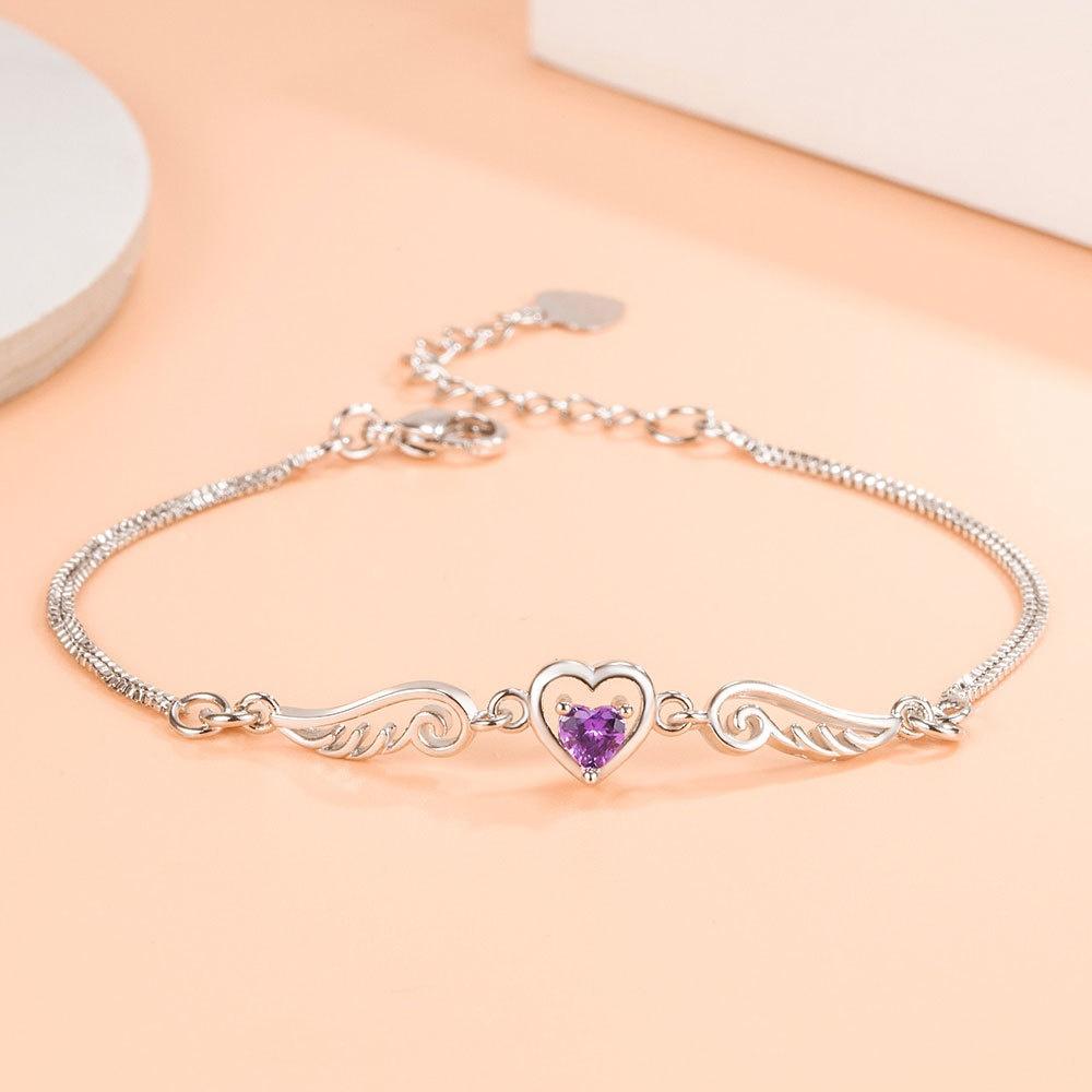 Charm Female White Purple Zircon Stone Skeleton Wing Heart Round Bracelet Silver Color Adjustable Wedding Jewelry For Women