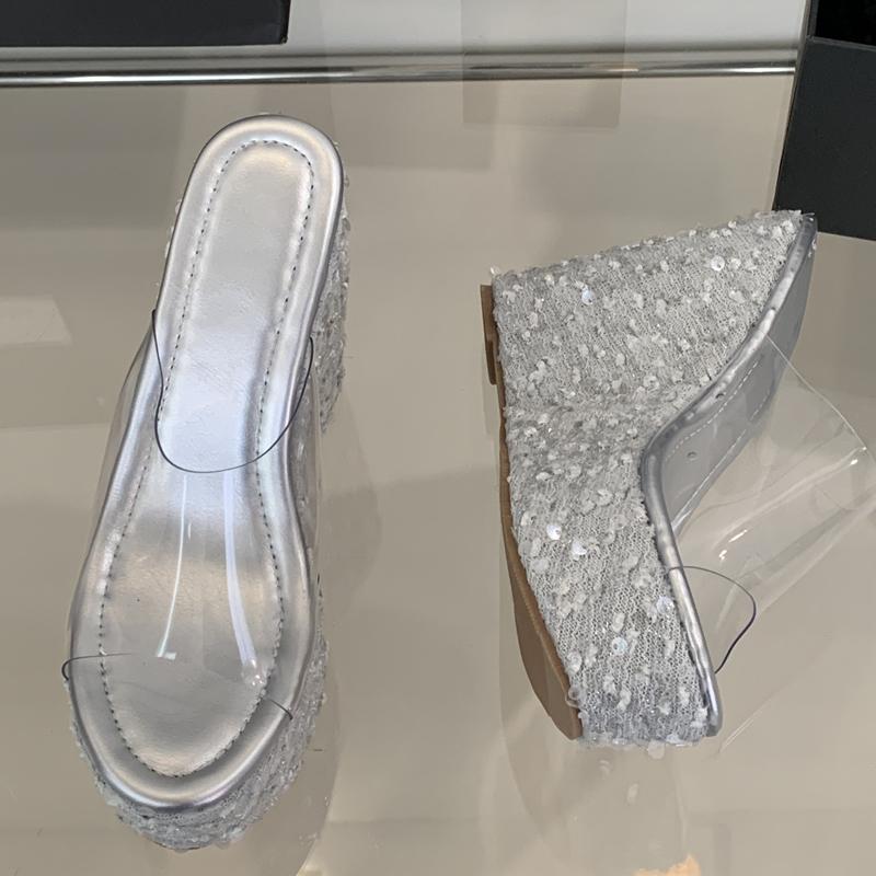 Mode Eilyken Bling Paillettenstoff Plateau Keilabsatz Damen Hausschuhe Sommer PVC Transparent Offene Zehen High Heels Bankett Party Schuhe