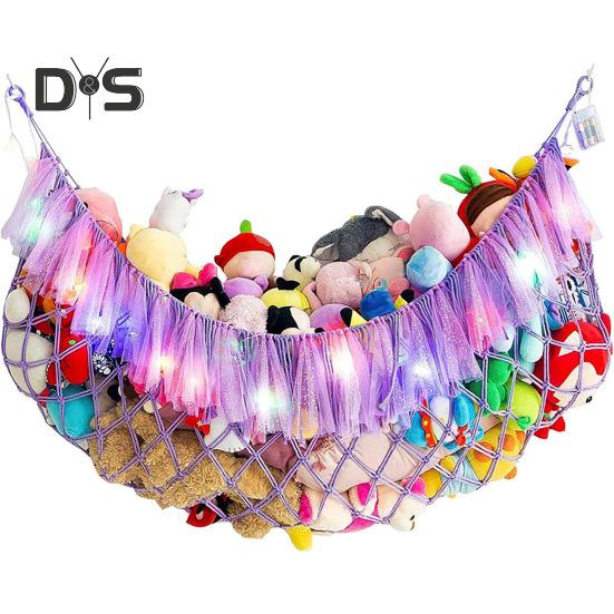 Rete Porta Giocattoli con Nappe di Luci Stringa Design Grande Capacità Montaggio a Parete Amaca Porta Peluche Rete Portaoggetti Sala Giochi Porta Peluche