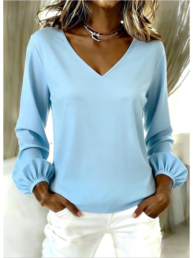 2026 Women's Casual Loose V-neck Solid Color Long Sleeve Fashion Pullover Top