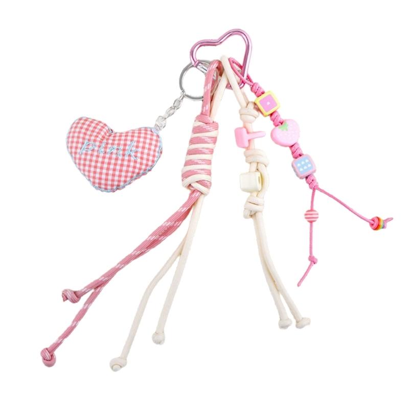 Cute Bag Charm Pendant Keyring Heart Beaded Braided Rope Keychain Bag Charm for Backpack Purse Handbag Decorations