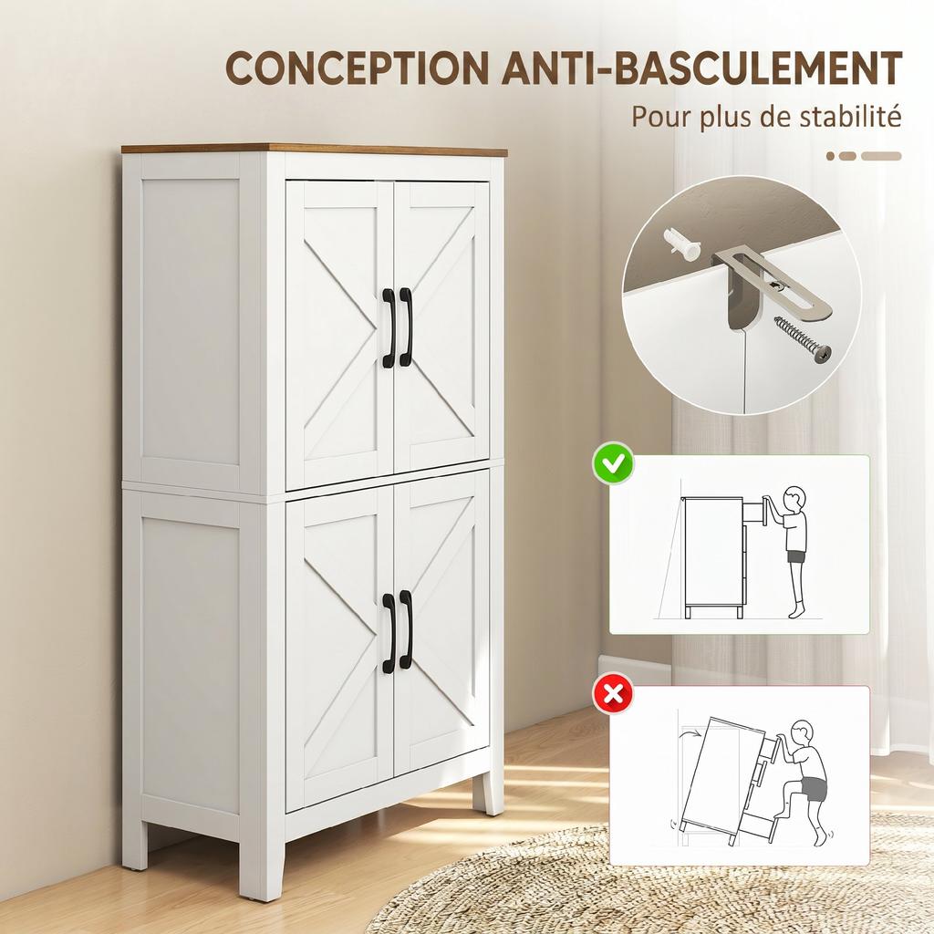 Bathroom Cabinet, Narrow, 4 Barn Doors, Adjustable Shelves, White