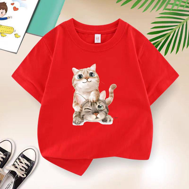 Cat Playing T-shirt for Girls Cotton Kids T Shirt Kawaii Children Casual Clothes Teen Baby Girl Casual