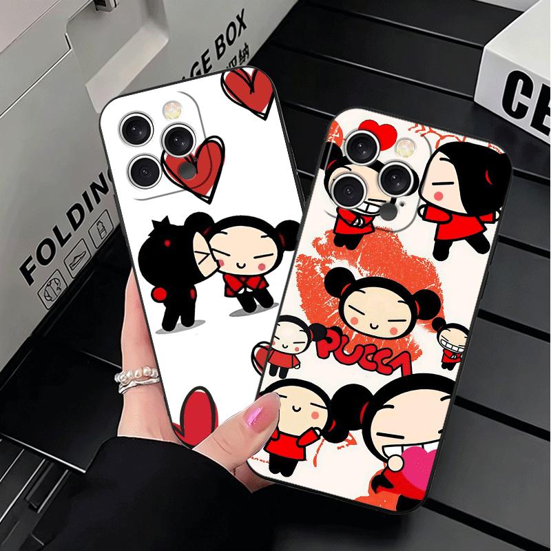 Cartoon Cute Pucca Garu Soft Phone Case for iPhone 16 16E 17 Air 15 Pro Max 14 Plus 13 Mini 11 12 7 Black Cover Back Shell