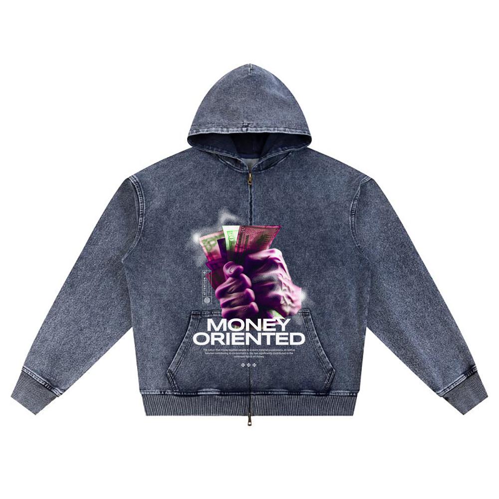 

DTG print Knitted Denim Zip-Up Hoodie Money Oriented Brother Print Zipper Hoodies XL темно-синий