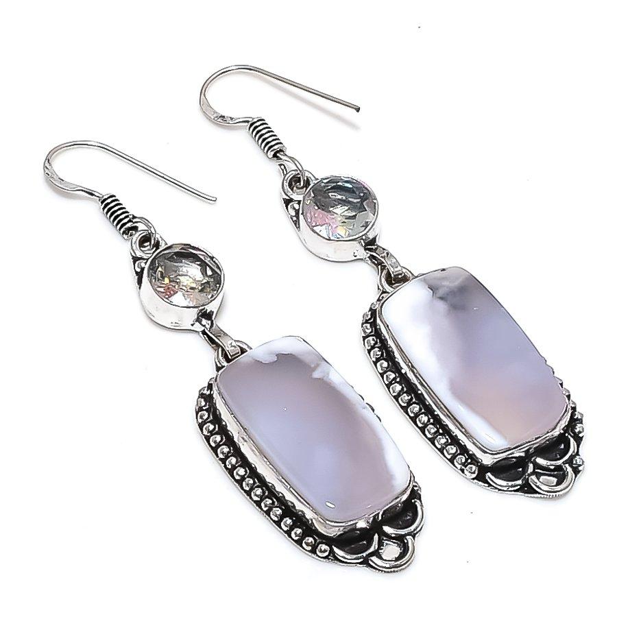 

Натуральный дендритовый опал, топаз 925 стерлинговое серебро ювелирные серьги 2,52 y8A09