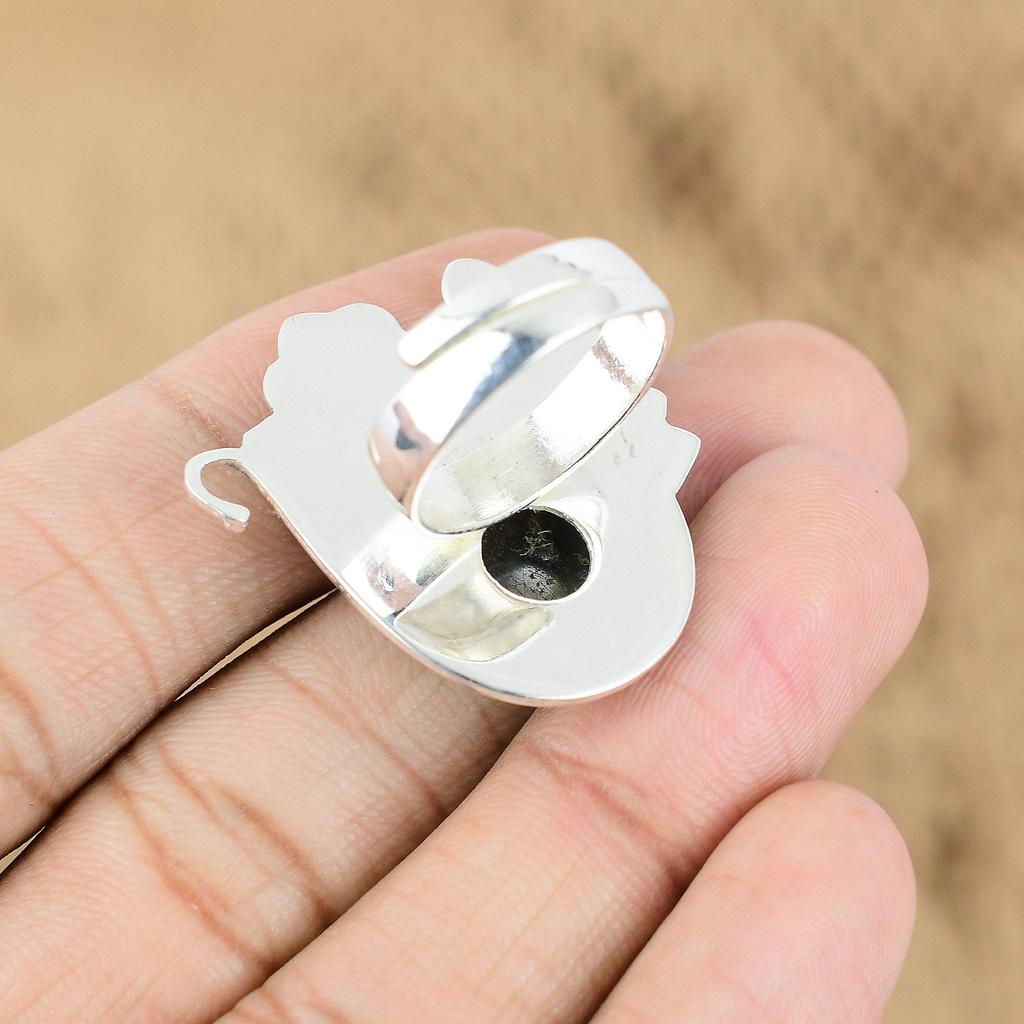 Mothers Day Deal Round Labradorite Gemstone Sterling Silver Art Deco Flower Ring