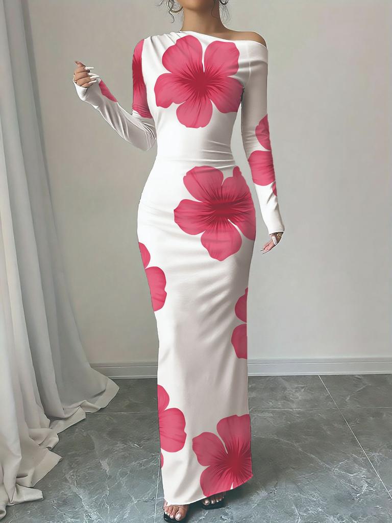 Off-Shoulder Maxi Dress with Asymmetric Neckline and Floral Print, Available in Multiple Colors