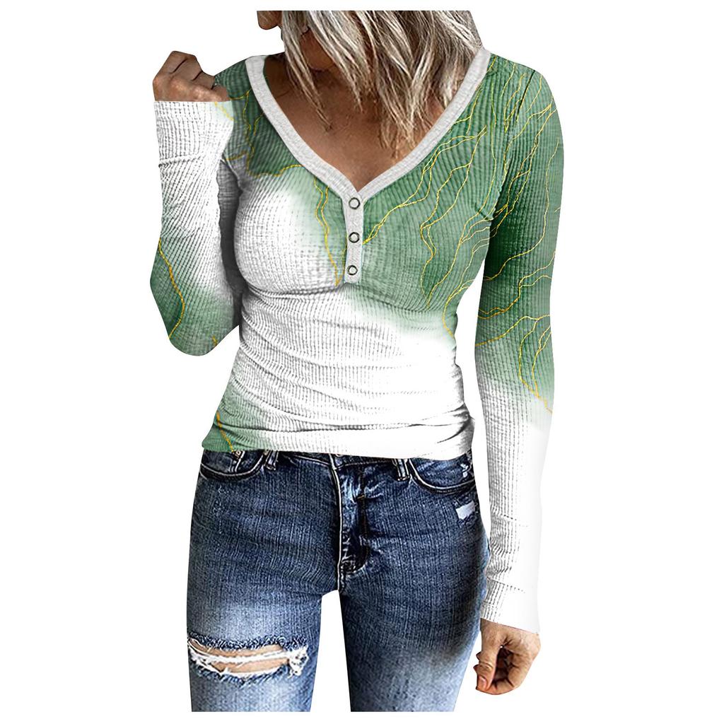 Women's Casual Long Sleeved V-neck Button Printing Slim Fitting Top