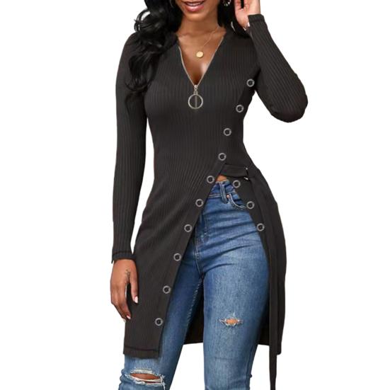 Women Spring Fall Top Zipper V Neck Long Sleeve High Split Hem Mid Length Elastic Lace Up Waist Strap Solid Color Lady Long Blouse