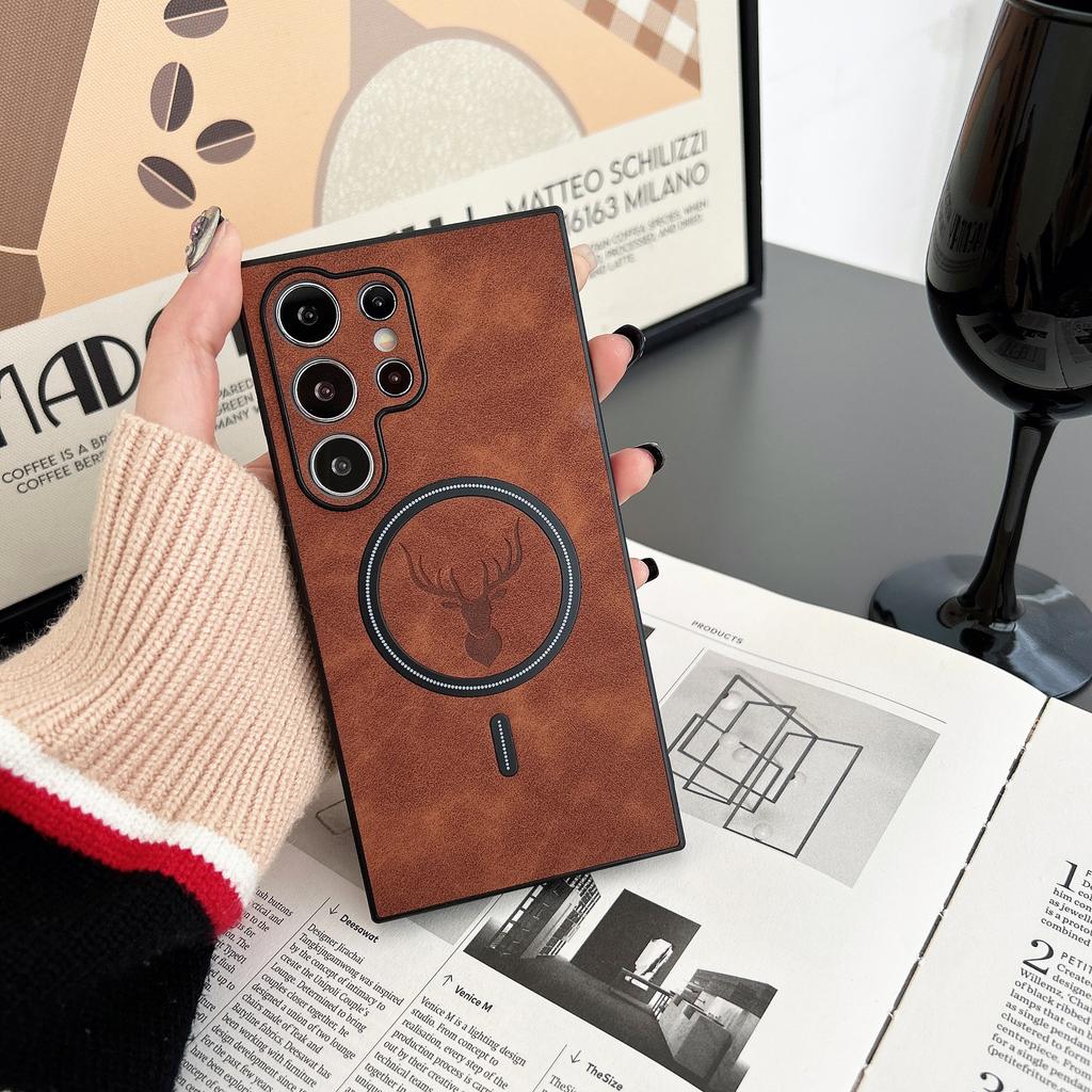 Luxury Leather Deer Case For Samsung Galaxy S26 S25 S24 S23 S22 S21 Plus Ultra For Magsafe Magnetic Wireless Charging Back Cover