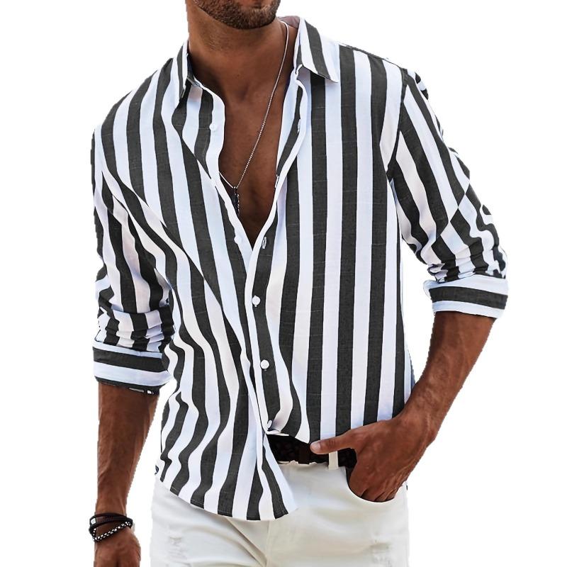 New Spring Autumn Men's Fashion Casual Striped Loose Long-sleeved Shirt Outfit Elegante Hombre