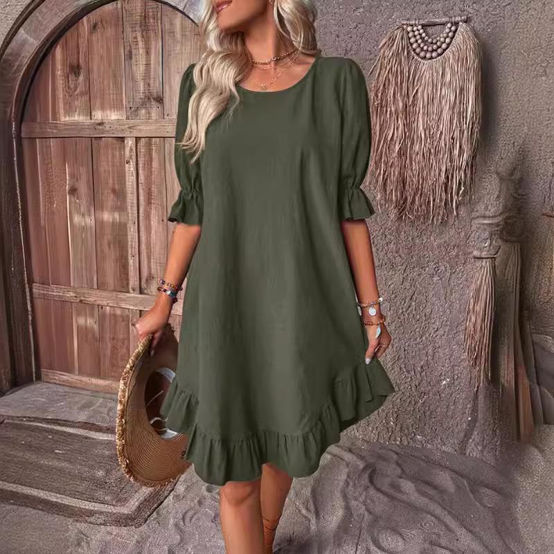 

SCIONE New Women s Clothes Retro Cotton Half Sleeve Round Neck Pleated Stitching Solid Color Loose Swing Dress 3XL темно-зелений колір