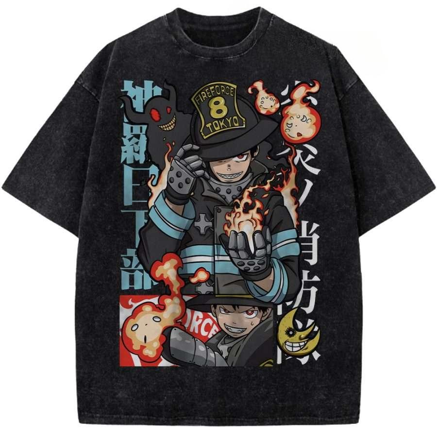 Fire Force Shinra Kusakabe Printed Tee Men Women Washed Cotton T-shirts Manga Vintage T Shirt Harajuku Male Short Sleeve Tshirt