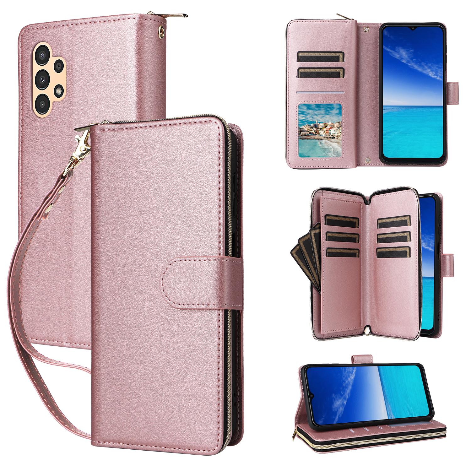 

R20 For Samsung Galaxy A13 5G/4G/A04 4G/A04s 4G/M13 5G Case Zipper Leather Phone Cover Rose Gold