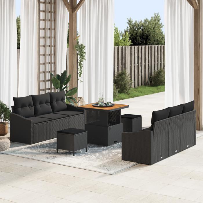 Ensemble de Canapés de Jardin 9 pièces avec Coussins Noir Rattan Poly Acacia, Canapé de Jardin 2 places avec Coussins Noir 3362604