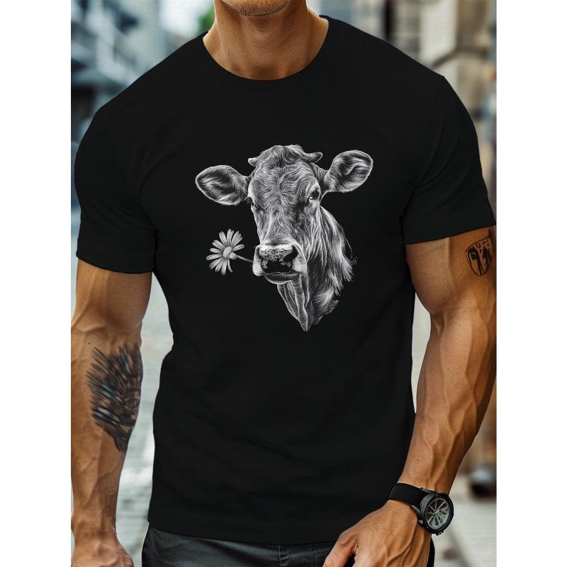 

European sizes Casual Short-Sleeve T-Shirts for Plus-Size Men Featuring a Detailed Graphic Print of a Cow S Head 2XL чёрный