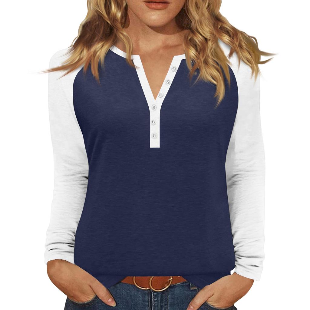 Women's T Shirt Color Block Button Long Sleeve Daily Weekend Fashion Basic V- Neck Regular Top