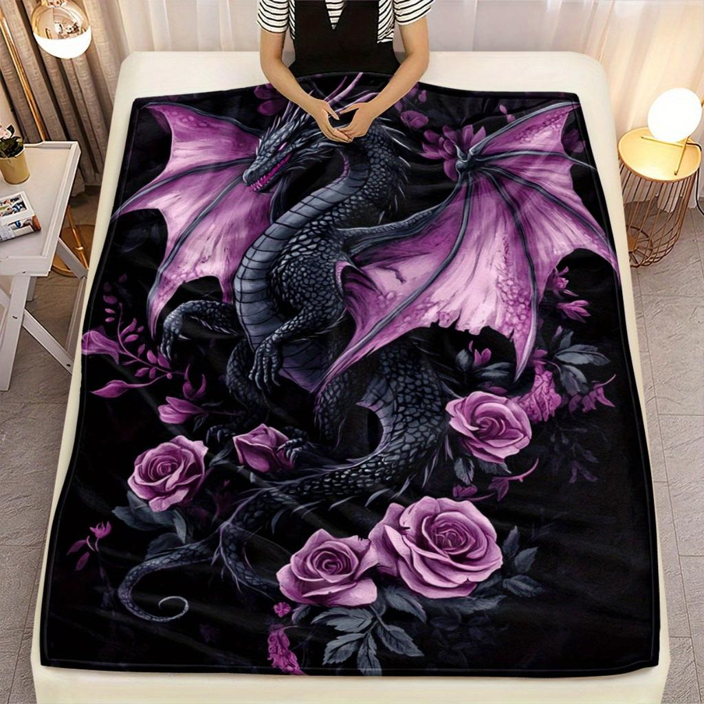 Coperta in Flanella Drago Viola Rose, Stampa HD Design Contemporaneo per Divano Letto, Floreale Vivace Regalo, Arredo Accogliente per Tutte le Stagioni