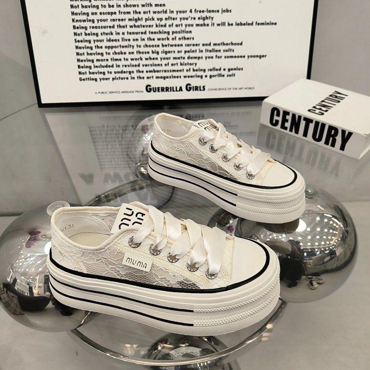 Muffin Thick-soled Lace Mesh Board Shoes Women's 2024 Spring and Summer New Casual Versatile Breathable College Style Heightening Single Shoes